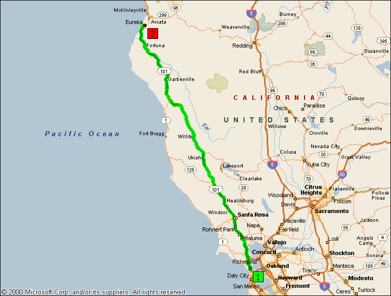 Driving directions from San Francisco, CA, to Eureka